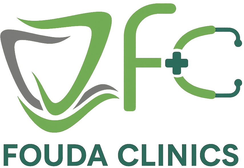 Fouda Clinics logo showing a green tooth outline and stethoscope forming FC, symbolizing advanced dental and medical care in Egypt