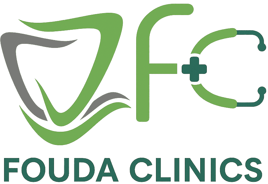 Fouda Clinics logo showing a green tooth outline and stethoscope forming FC, symbolizing advanced dental and medical care in Egypt